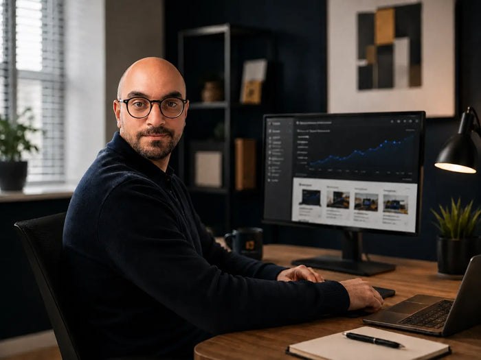 Kévin Macheboeuf, fondateur de MKB Digital, devant son ordinateur dans son espace de travail